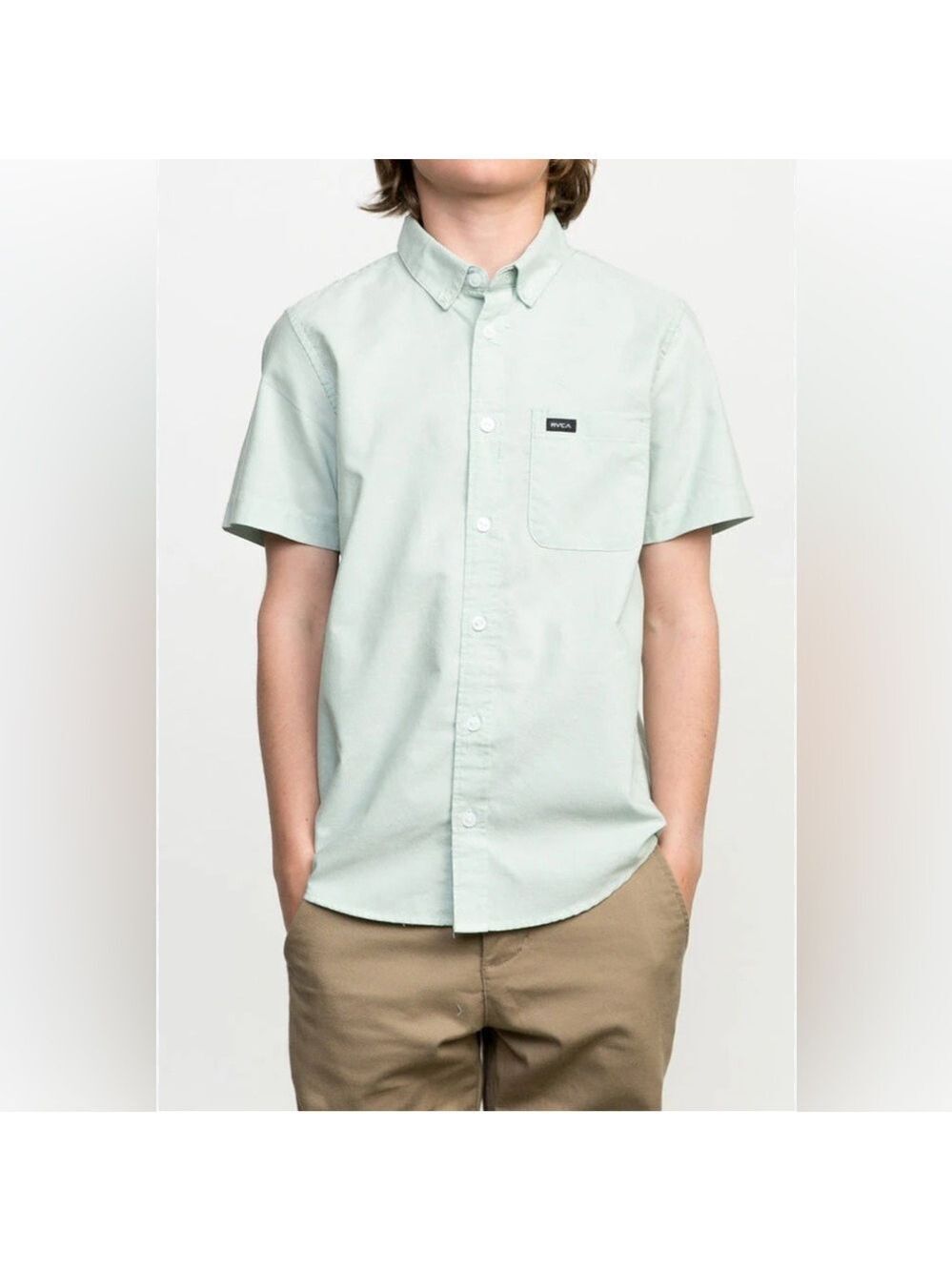 RVCA Boy’s That’ll Do Short Sleeve Oxford Button Up Shirt SZ L Light Green